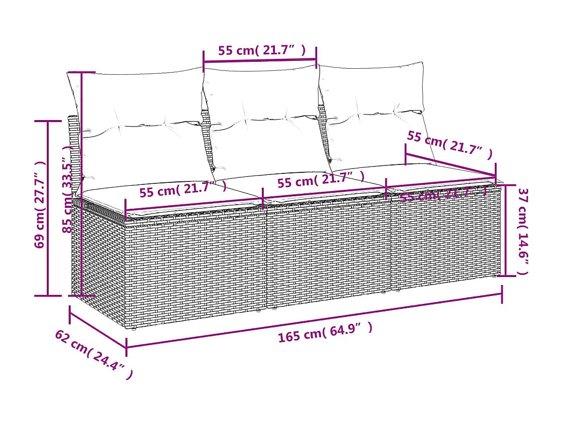 Sofá de jardim com almofadas de resina tecida bege de 3 lugares