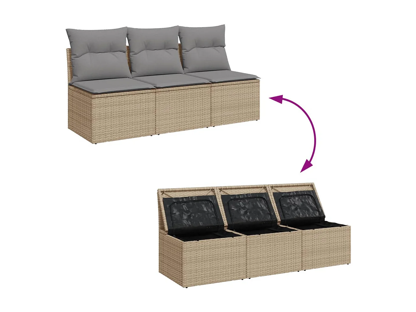 Sofá de jardín de 3 plazas con cojines de resina trenzada beige