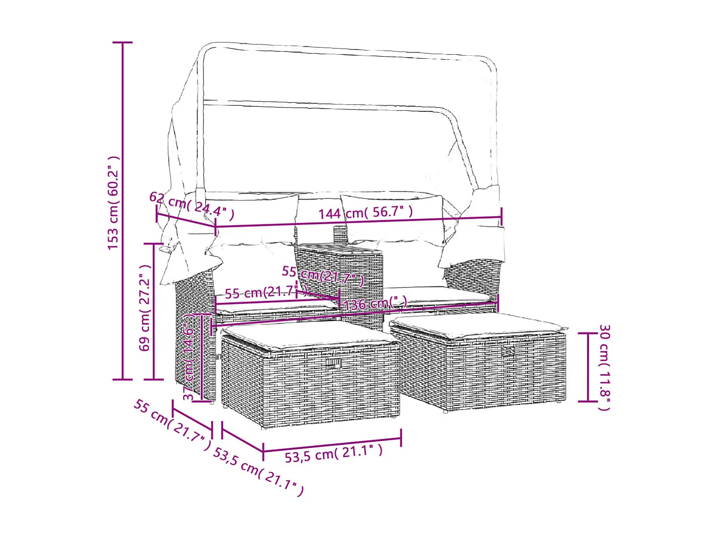 Sofá de jardín de 2 plazas con dosel y taburetes de ratán gris