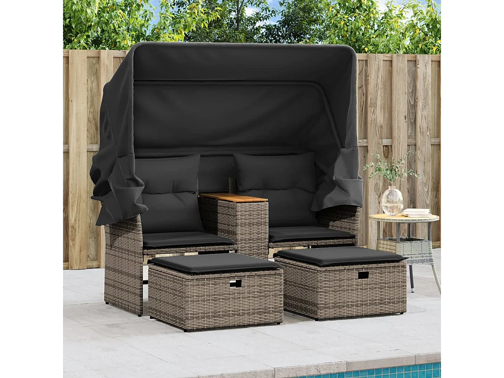 Divano da giardino a 2 posti con baldacchino e sgabelli in rattan grigio