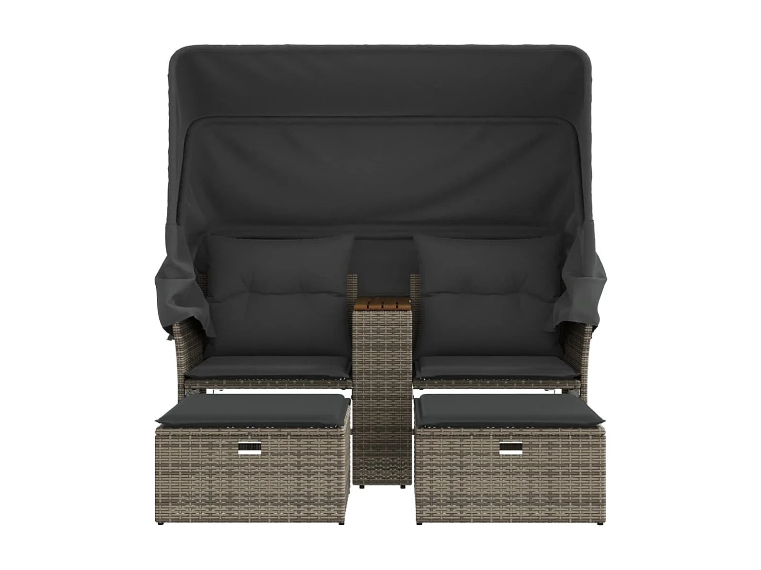 Divano da giardino a 2 posti con baldacchino e sgabelli in rattan grigio