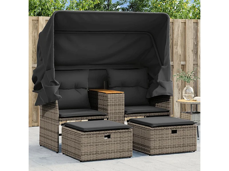 2-Sitzer-Gartensofa mit Baldachin und grauen Rattanhockern
