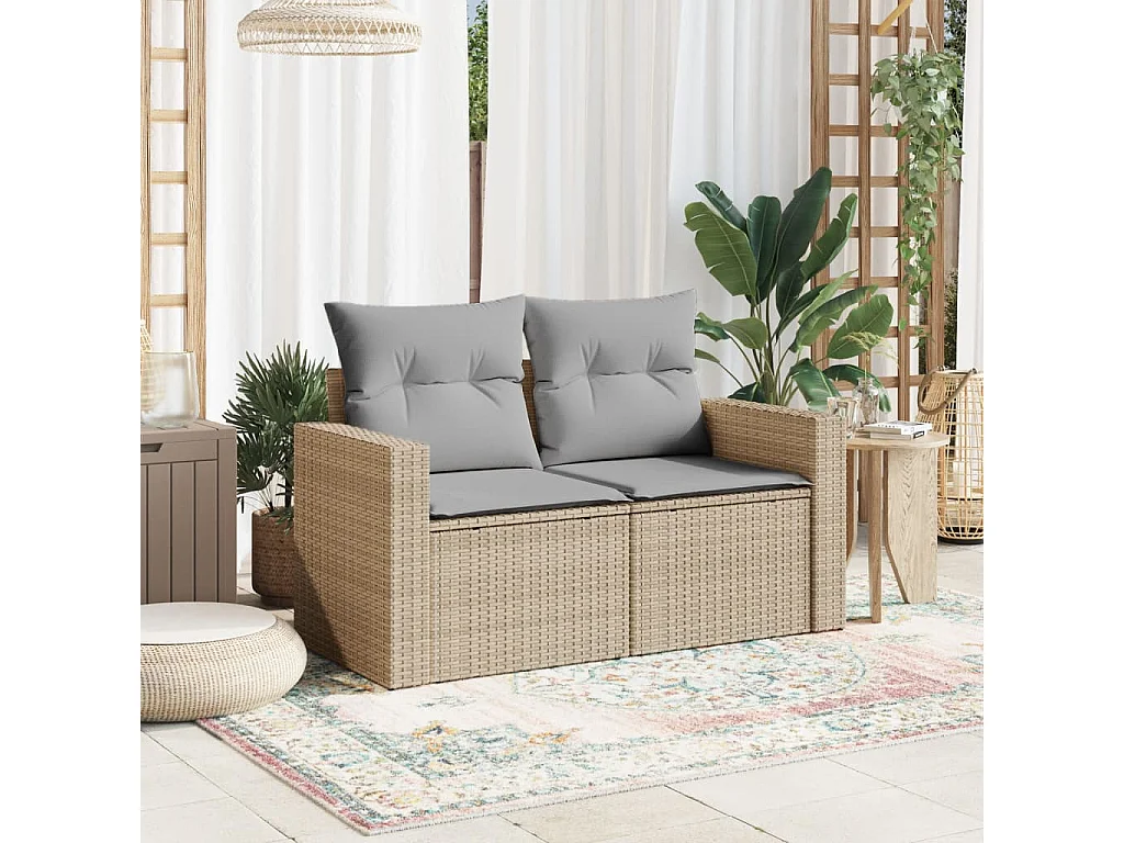 Canapé de jardin avec coussins 2 places beige résine tressée