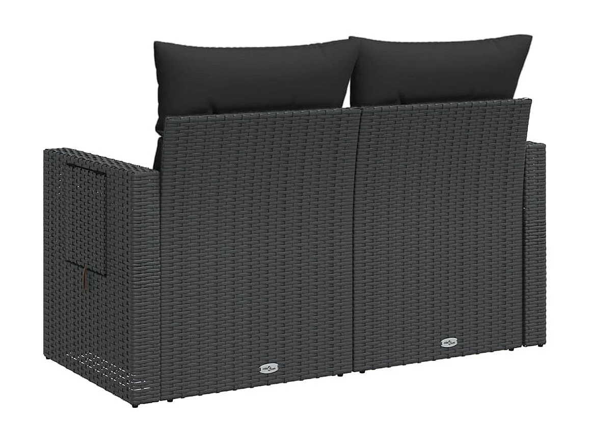 Divano da giardino con cuscini a 2 posti, resina intrecciata nera