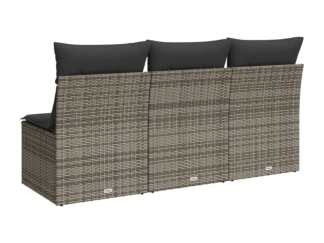 Divano da giardino con cuscini in resina intrecciata grigia a 3 posti