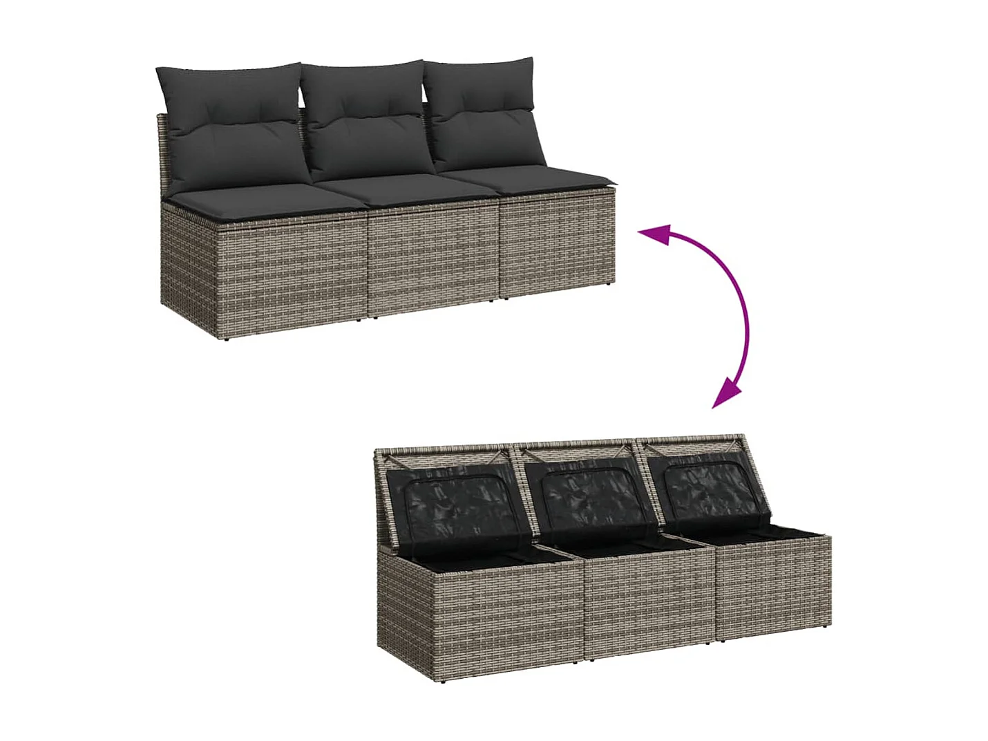 Divano da giardino con cuscini in resina intrecciata grigia a 3 posti