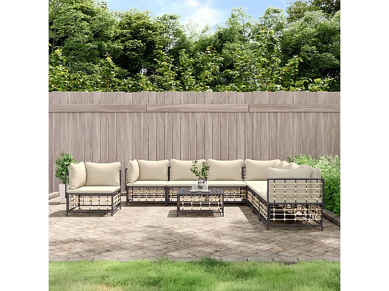 Salon de jardin 9 pcs avec coussins anthracite résine tressée