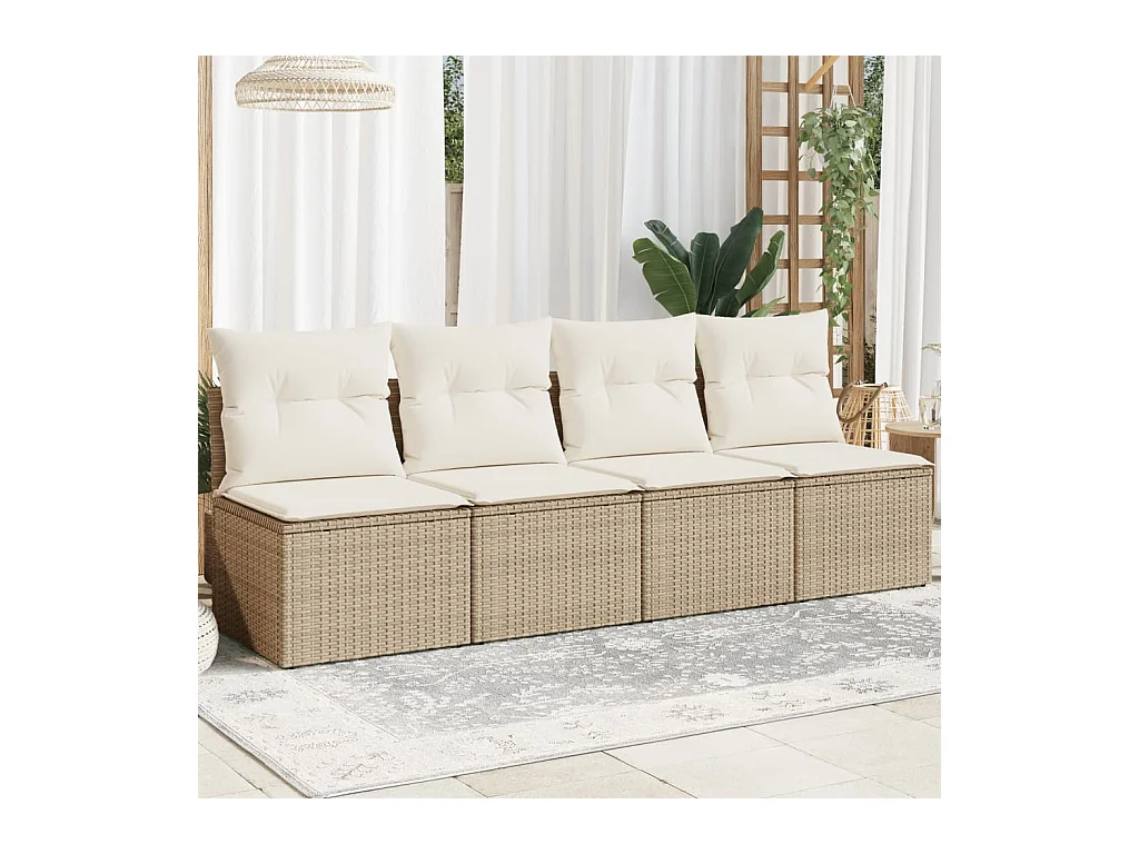 Canapé de jardin avec coussins 4 places beige résine tressée