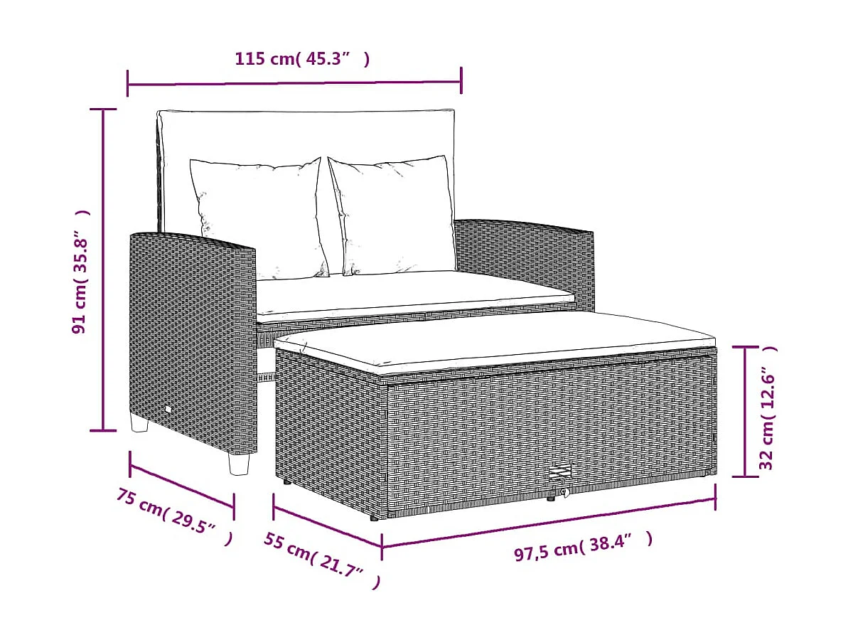 Canapé de jardin 2 places et coussins gris clair résine tressée