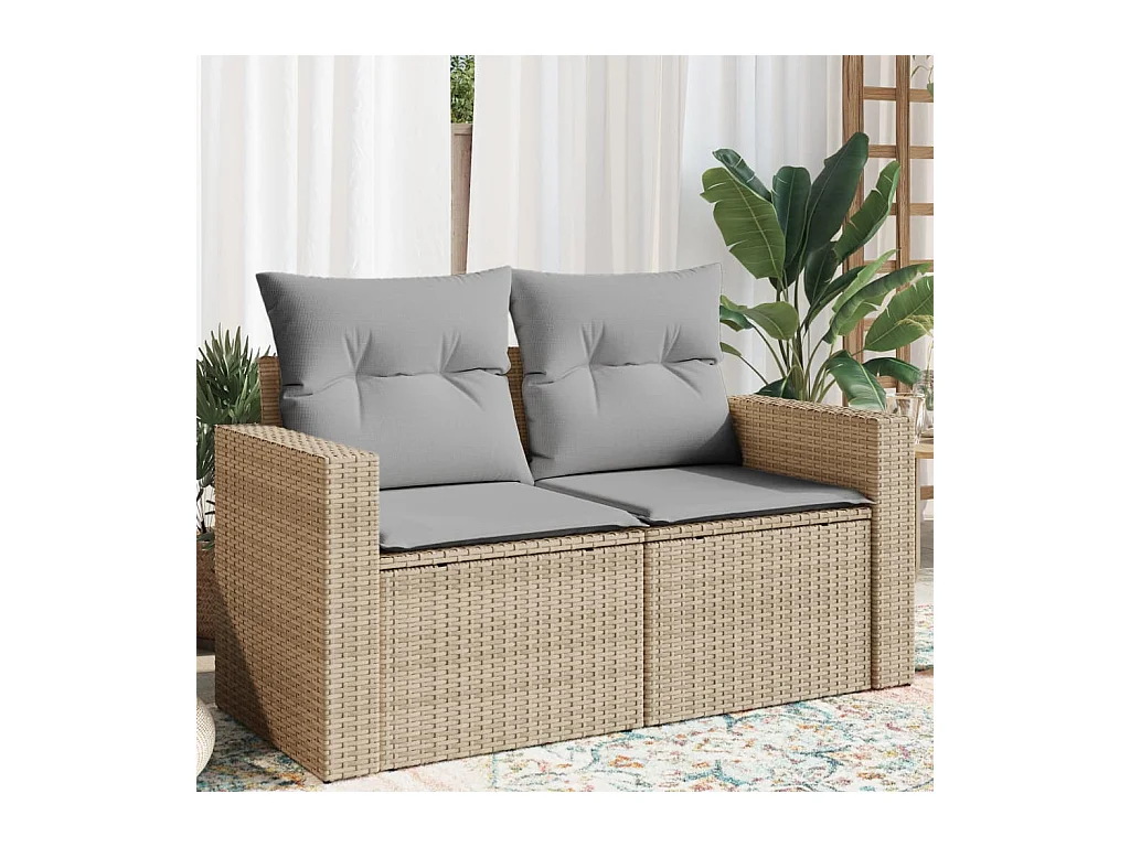 Canapé de jardin avec coussins 2 places beige résine tressée