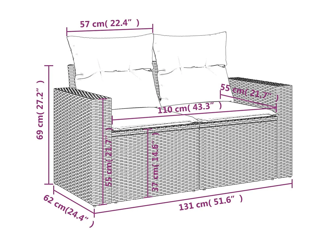 Canapé de jardin avec coussins 2 places beige résine tressée