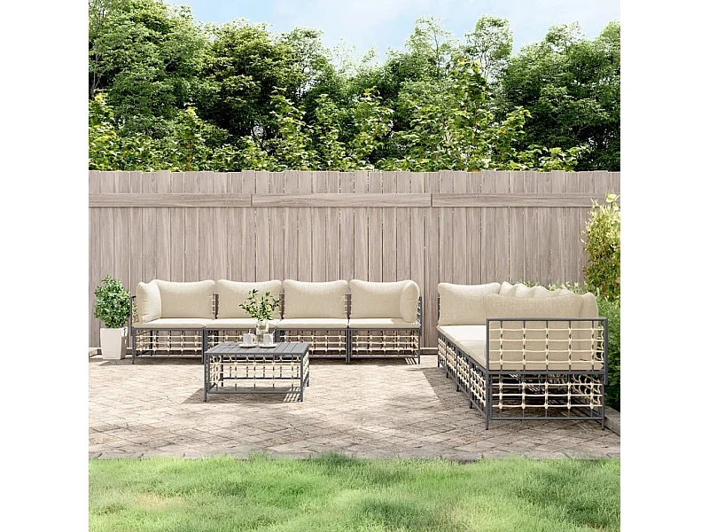 Salon de jardin 9 pcs avec coussins anthracite résine tressée