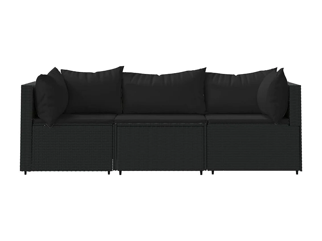3 muebles de jardín con cojines de mimbre de resina negra.