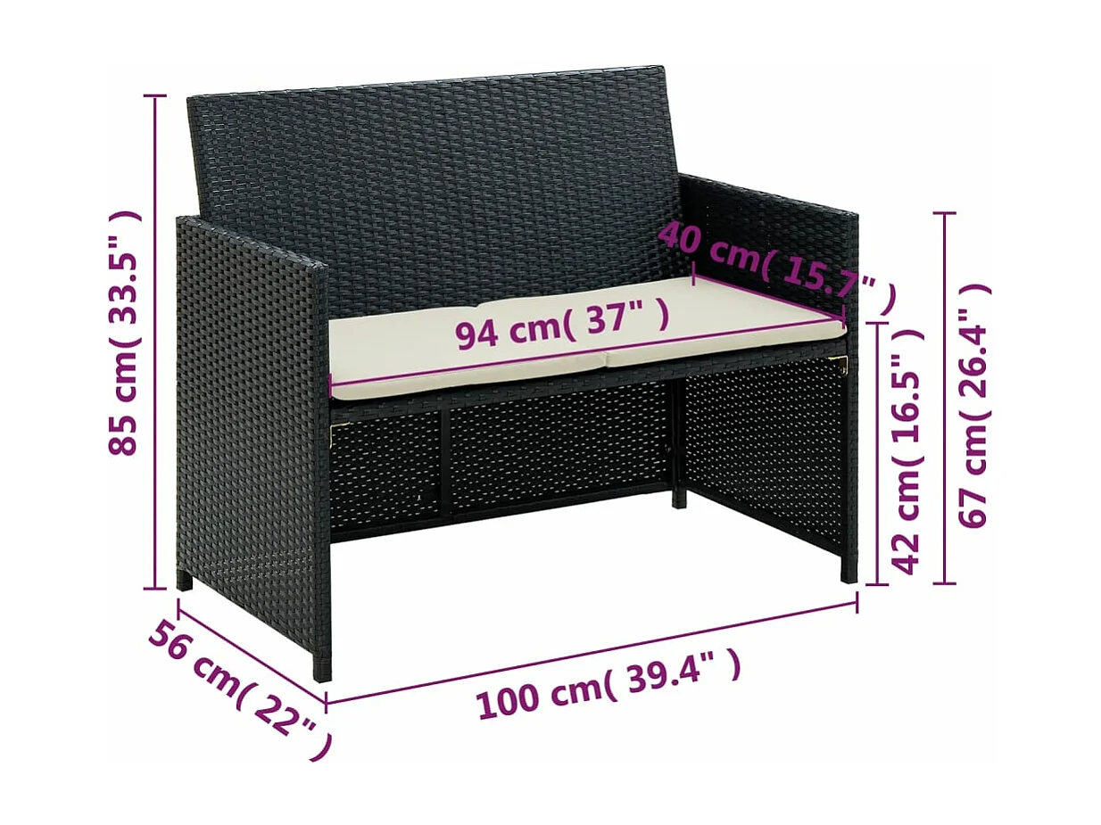 Divano da giardino a 2 posti con cuscini In resina vimini Nera