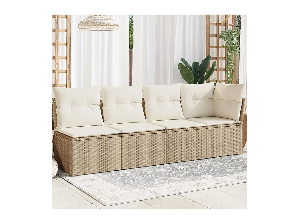 Canapé de jardin avec coussins 4 places beige résine tressée