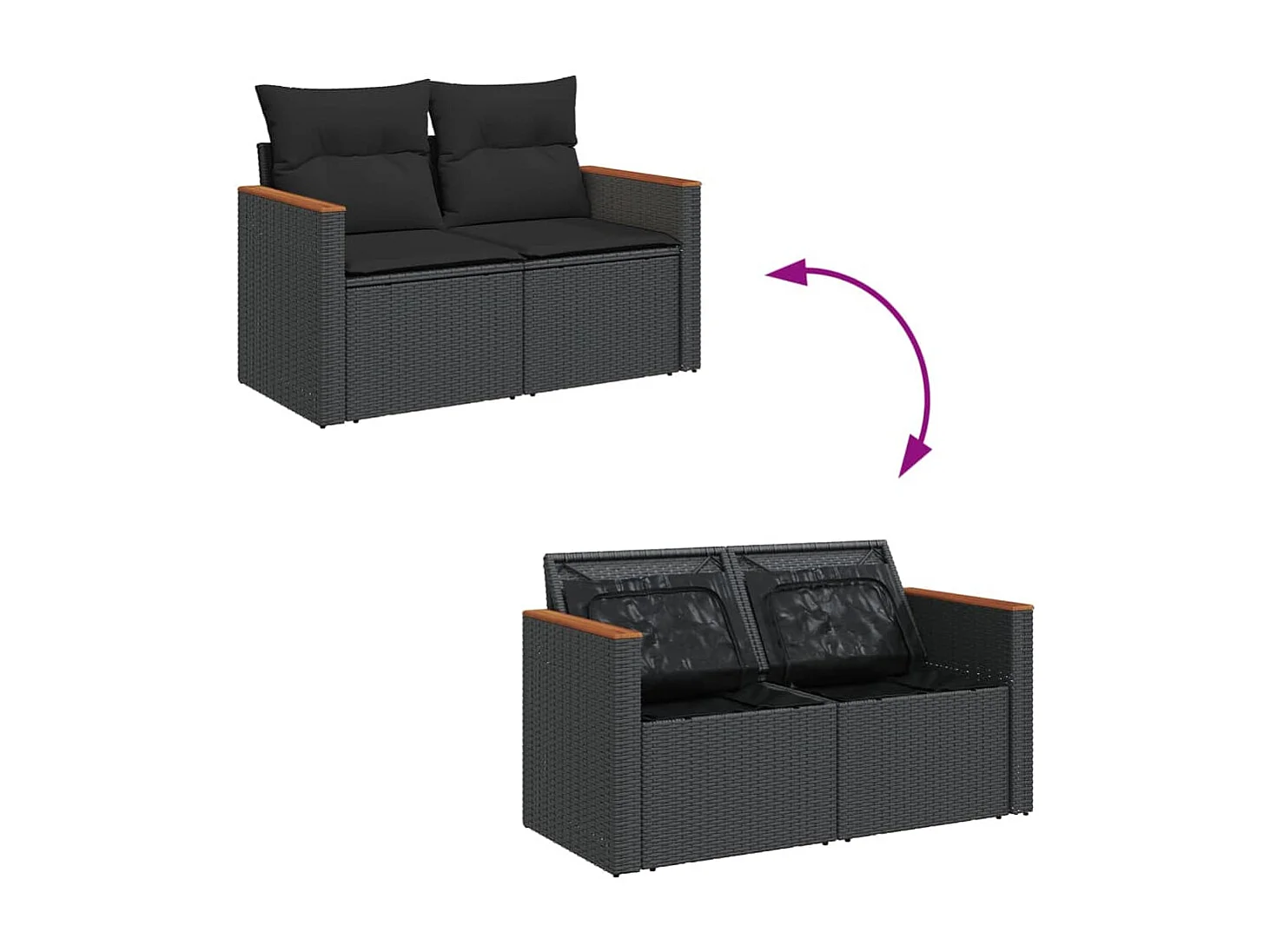 Sofá de jardim com almofadas de 2 lugares, resina tecida preta