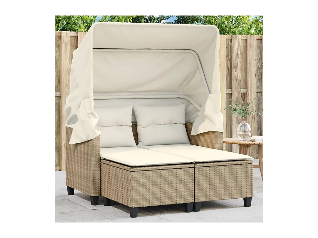 2-Sitzer-Gartensofa mit Baldachin und beigefarbenen Rattanhockern