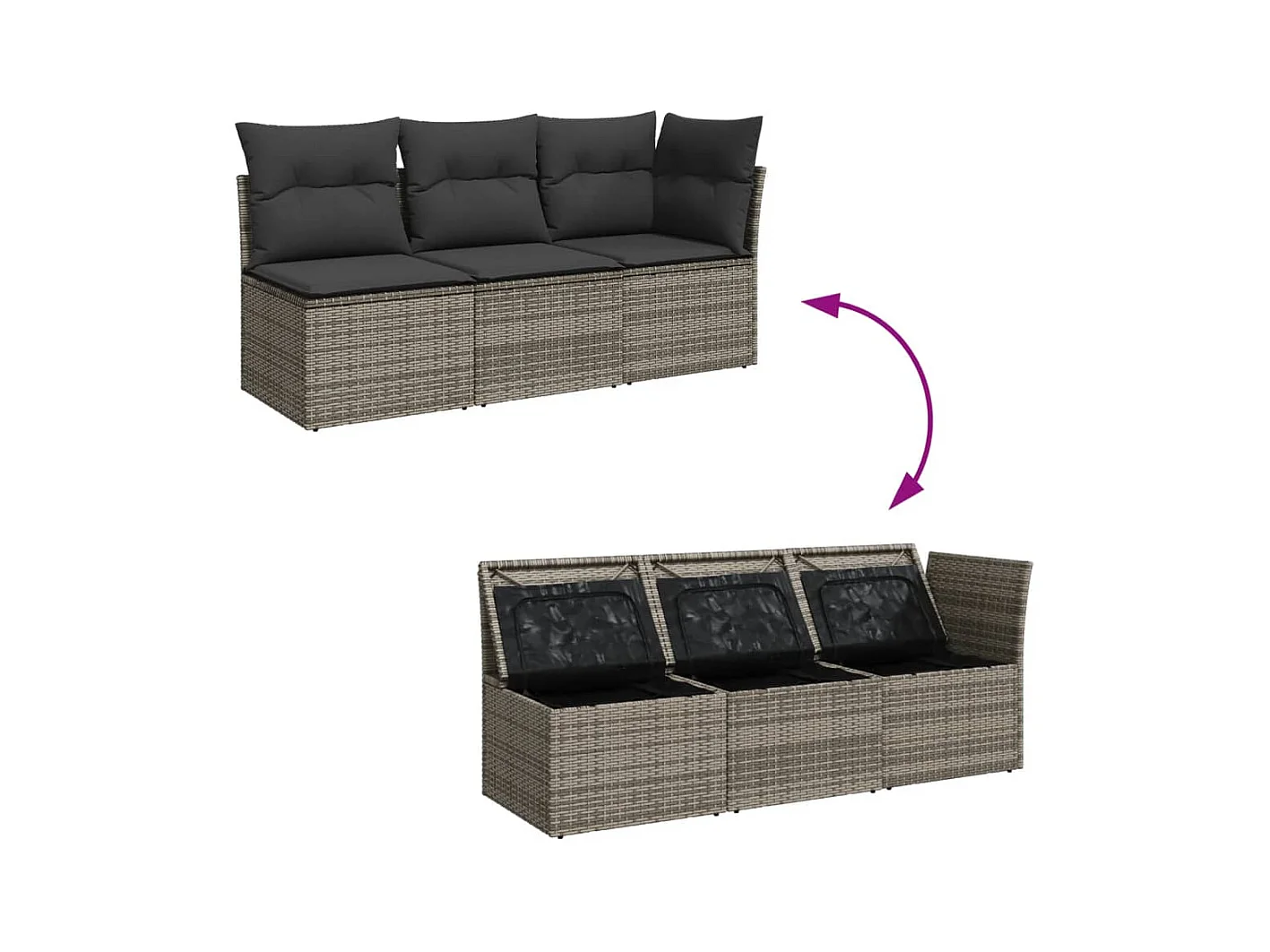 Canapé de jardin avec coussins 3 places gris résine tressée