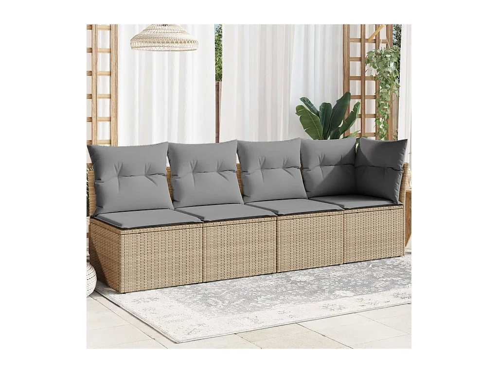 Canapé de jardin avec coussins 4 places beige résine tressée