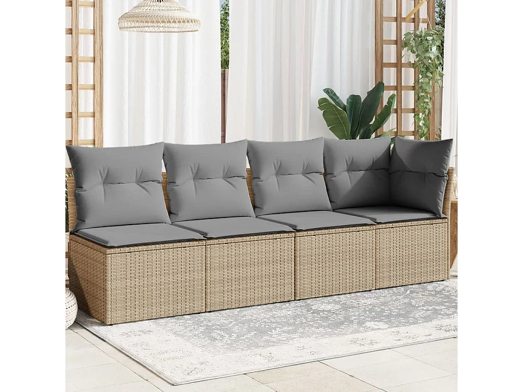 Canapé de jardin avec coussins 4 places beige résine tressée