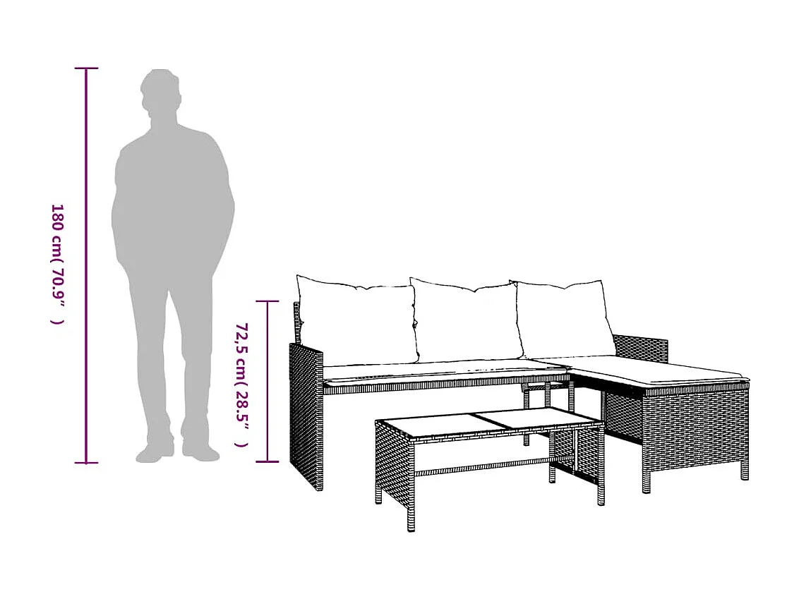 Canapé de jardin table et coussins en forme de L mélange beige