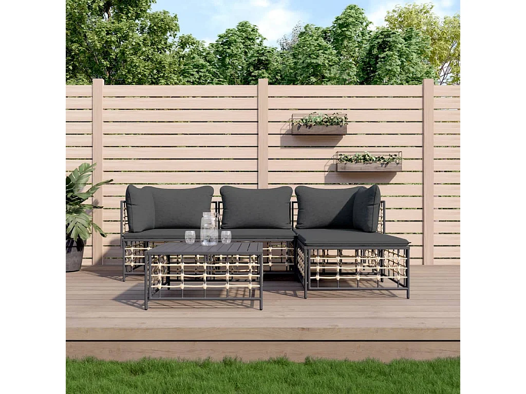 Salon de jardin 4 pcs avec coussins anthracite résine tressée