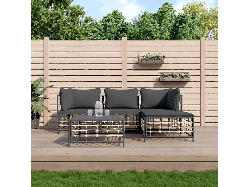 Salon de jardin 4 pcs avec coussins anthracite résine tressée