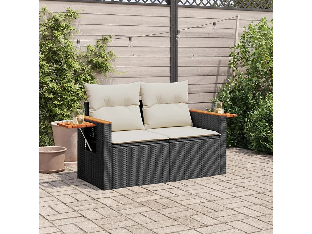 Gartensofa mit 2-Sitzer-Kissen, schwarzes Kunstharzgeflecht