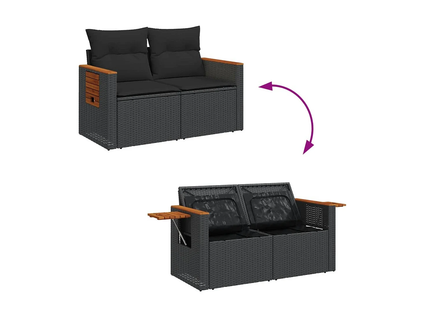 Gartensofa mit 2-Sitzer-Kissen, schwarzes Kunstharzgeflecht