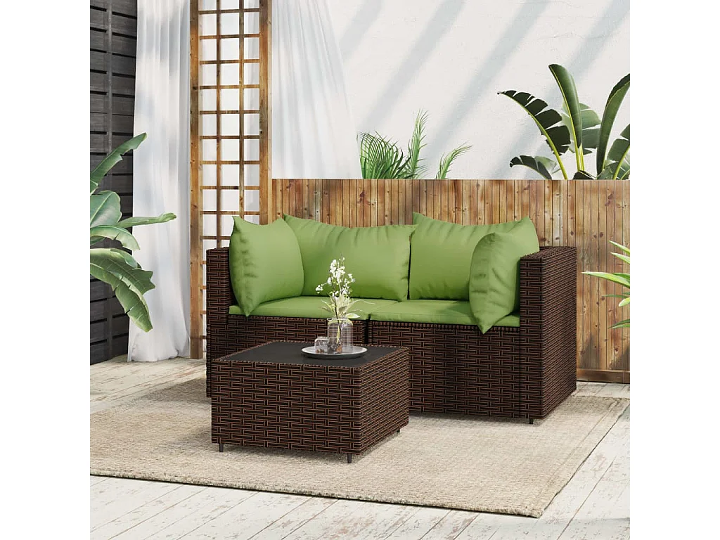 Mobili da giardino 3 pezzi con cuscini in resina intrecciata marrone