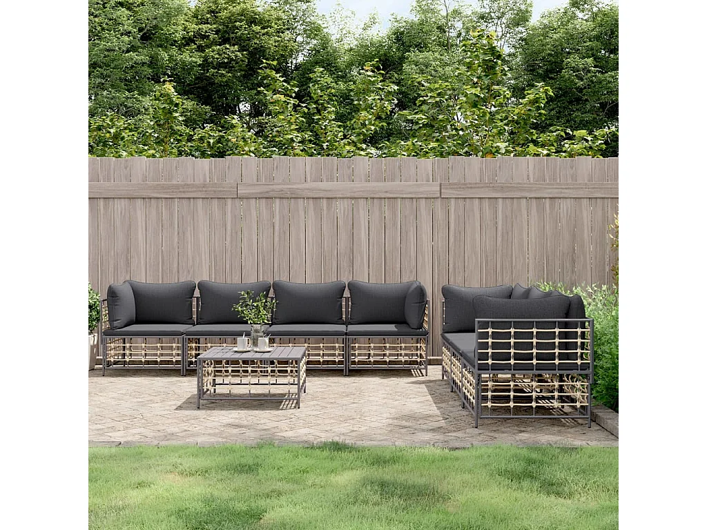 8 Stück Gartenmöbel mit anthrazitfarbenen geflochtenen Harzkissen