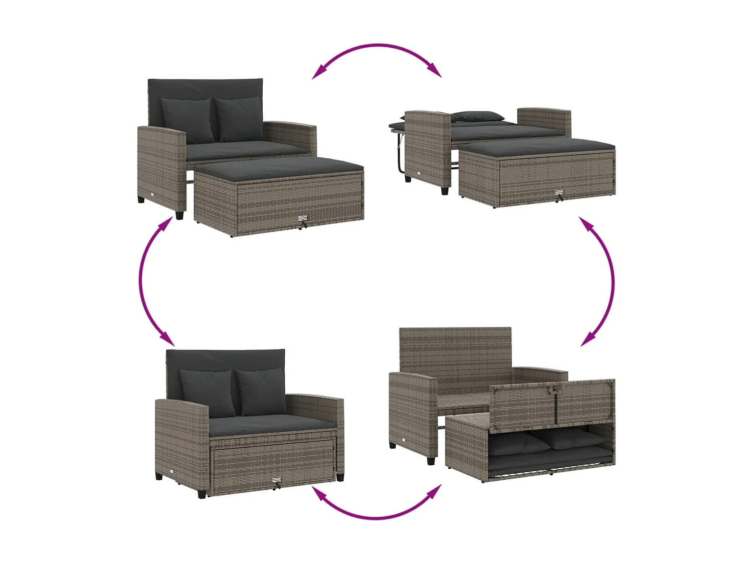 Canapé de jardin 2 places avec coussins gris résine tressée