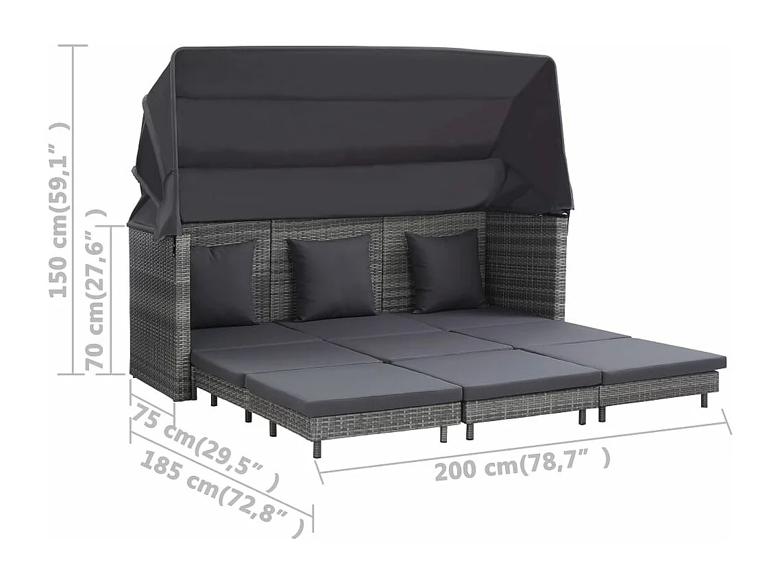 Canapé-lit extensible 3 places avec toit Résine tressée Gris