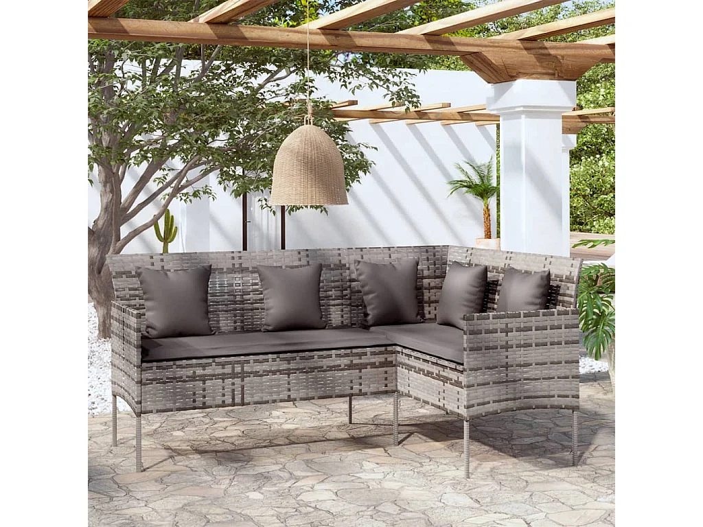 Canapé d'extérieur en L avec coussins Résine tressée Gris