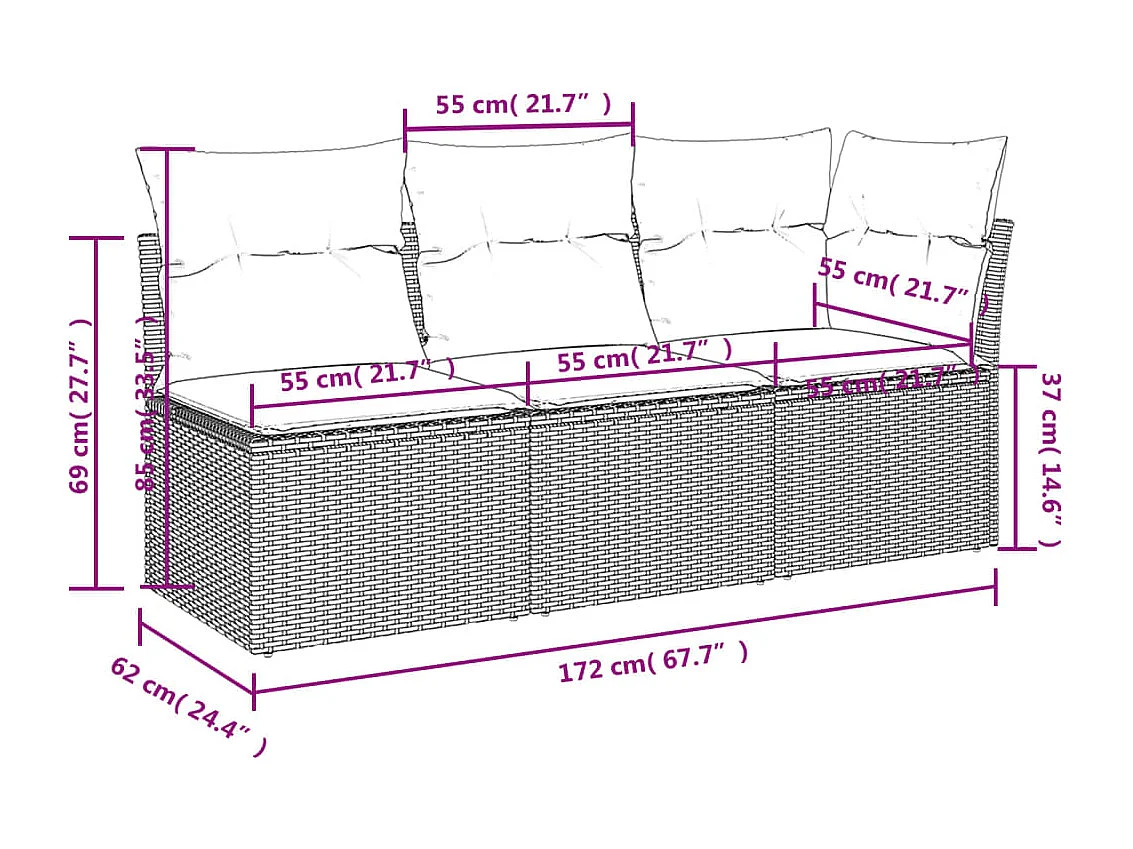 Canapé de jardin avec coussins 3 places beige résine tressée