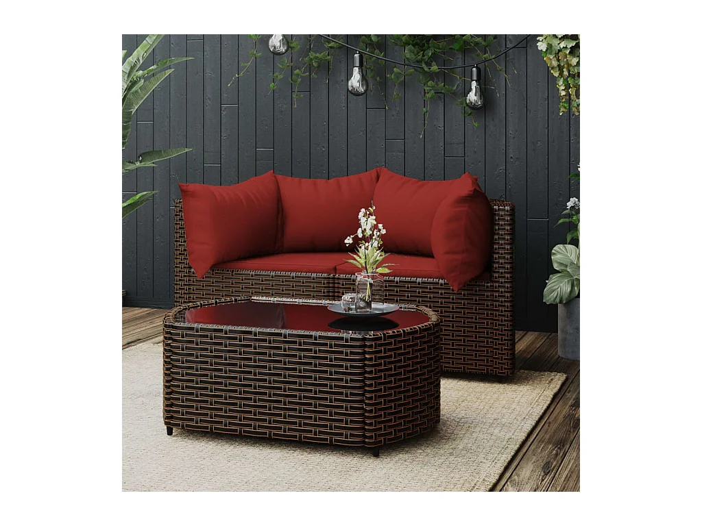Salon de jardin 3 pcs avec coussins marron résine tressée