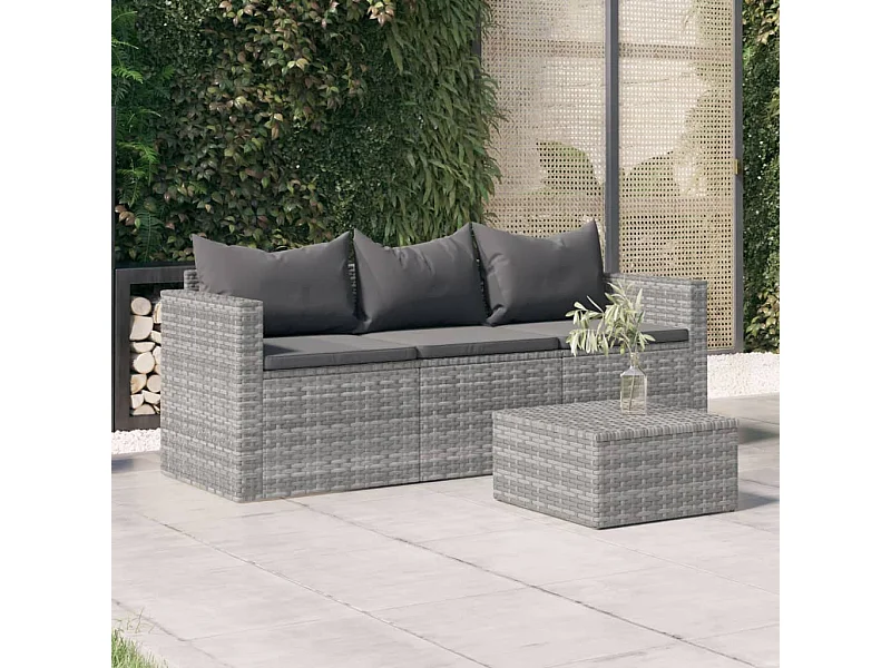 Divano da giardino a 3 posti con cuscini in resina intrecciata grigia