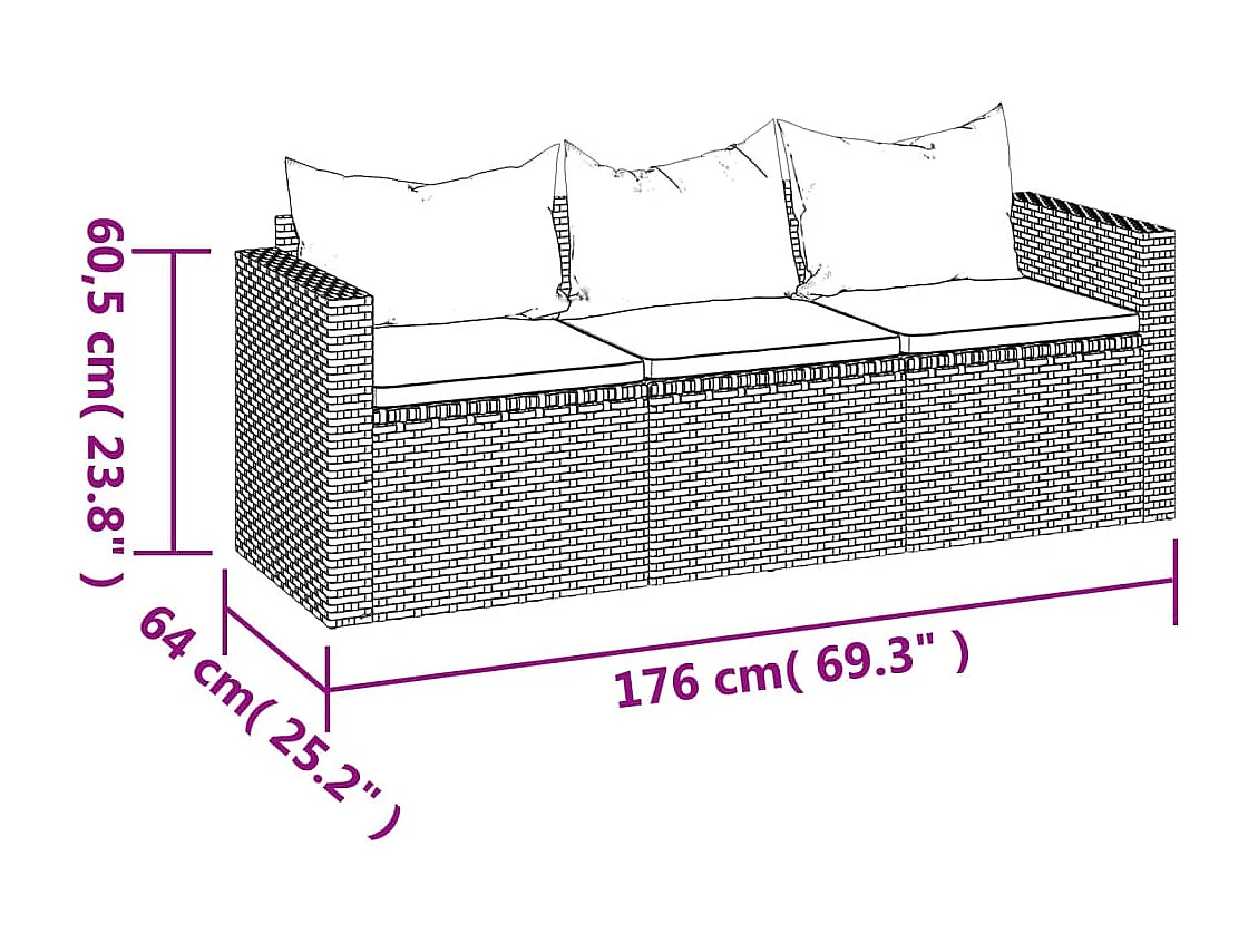Divano da giardino a 3 posti con cuscini in resina intrecciata grigia