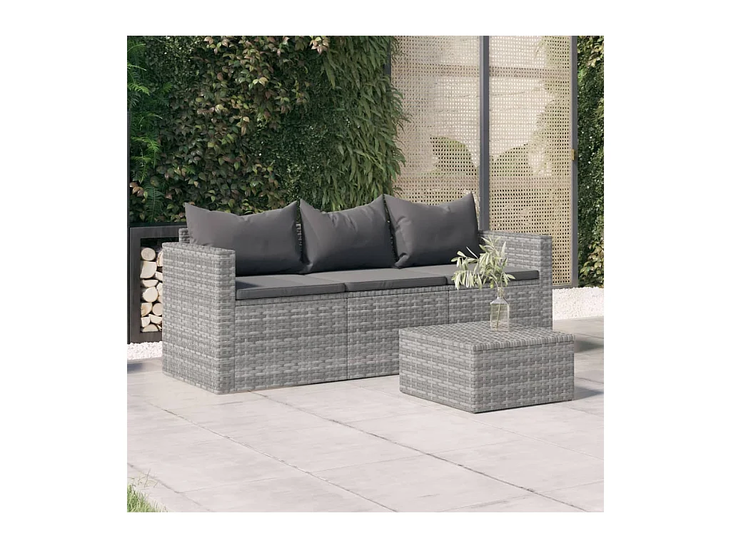 Canapé de jardin 3 places avec coussins Gris Résine tressée