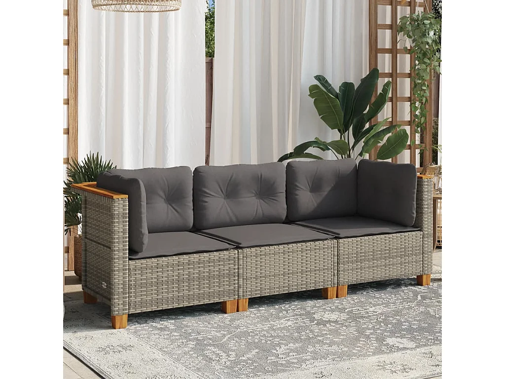 Gartensofa mit 3-Sitzer-Kissen aus grauem Kunstharzgeflecht