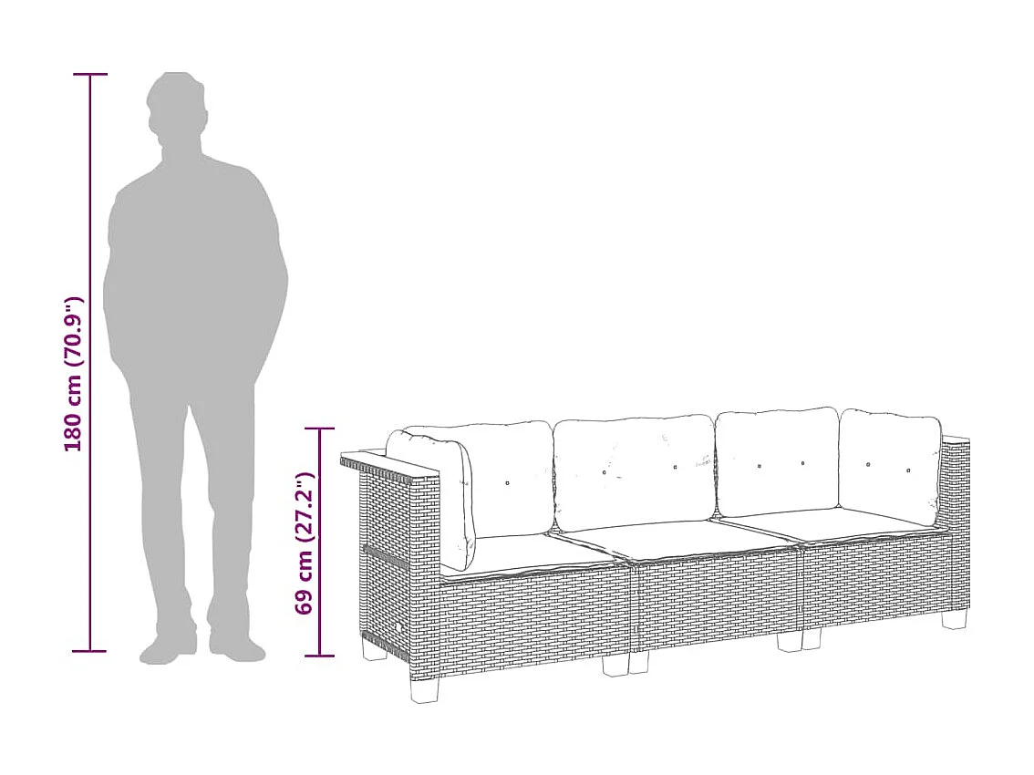 Gartensofa mit 3-Sitzer-Kissen aus grauem Kunstharzgeflecht