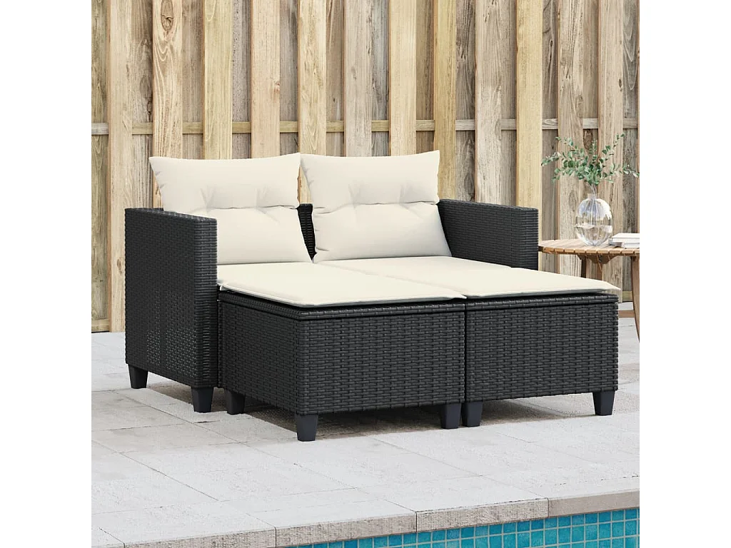 Divano da giardino a 2 posti con sgabelli in resina intrecciata nera