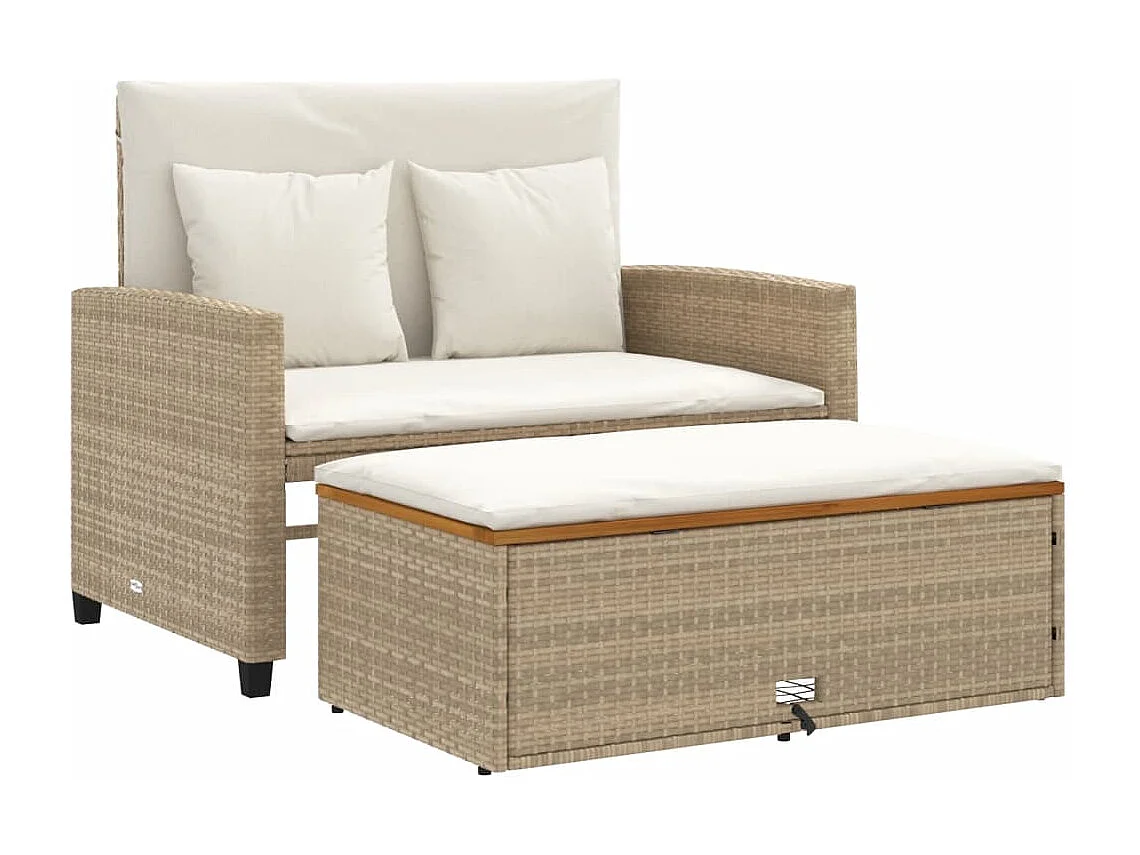 2-zits tuinbank met beige geweven hars- en acaciakussens