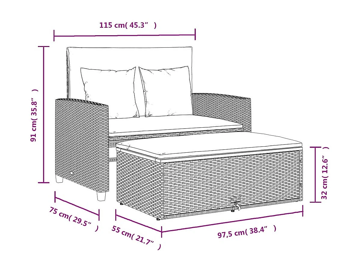 2-zits tuinbank met beige geweven hars- en acaciakussens