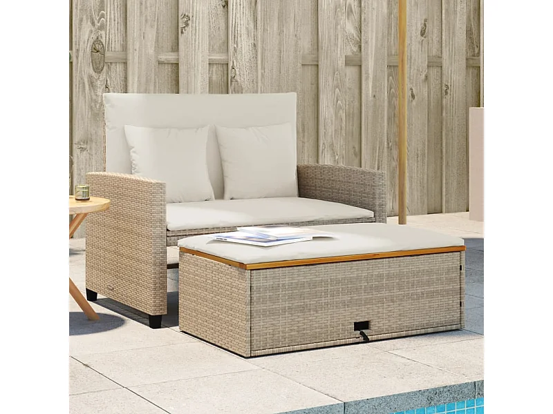 Canapé de jardin 2 places coussins beige résine tressée&acacia