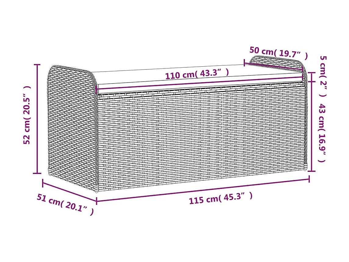 Panca contenitore con cuscino grigio 115x51x52 cm in resina intrecciata