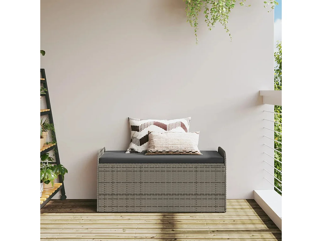 Aufbewahrungsbank mit grauem Kissen 115x51x52 cm aus geflochtenem Harz