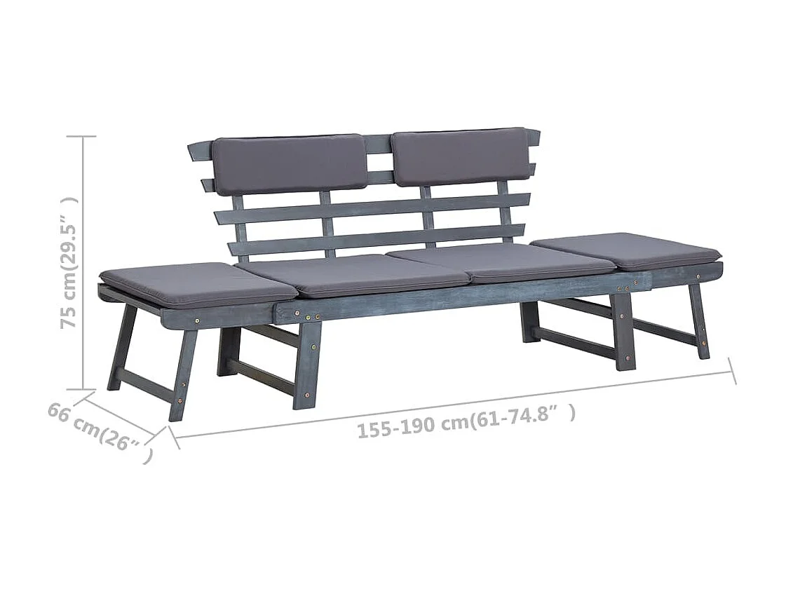 Panca da giardino con cuscini 2 in 1 190 cm Legno di acacia grigia