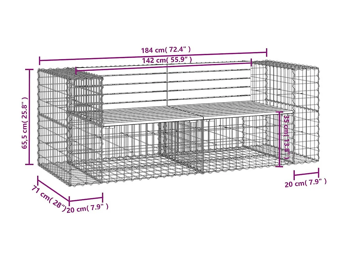 Banc de jardin design gabion 184x71x65,5cm bois de pin imprégné