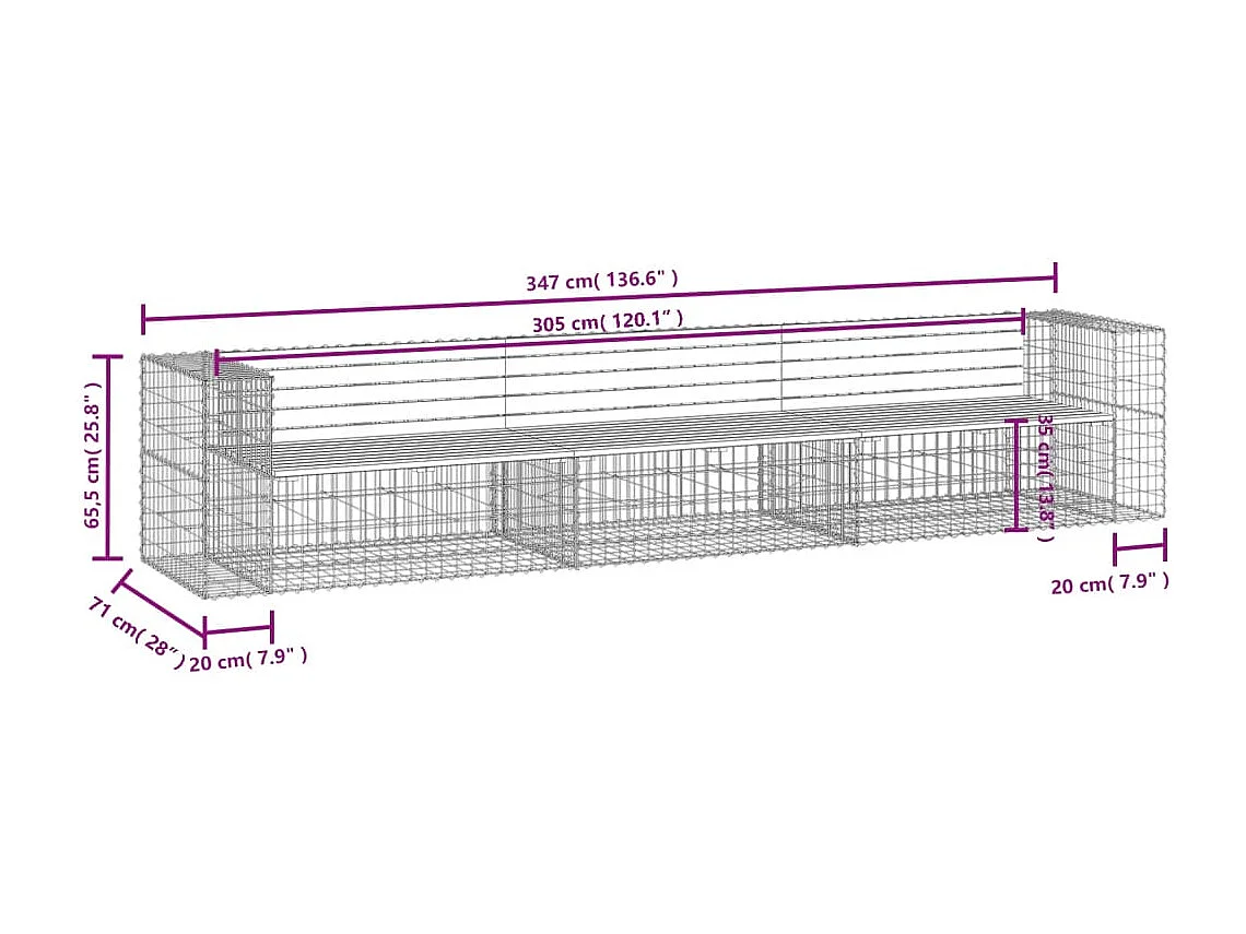 Panca da giardino di design gabbione 347x71x65,5 cm in legno di pino massiccio